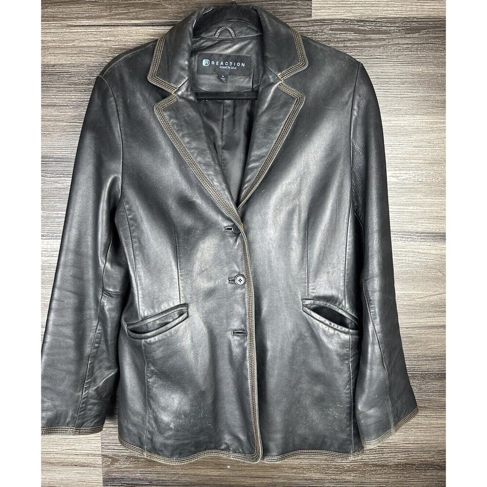Kenneth Cole Women’s Leather Jacket Sz M Chocolate Brown Button Up Blazer Casual